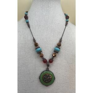Bohemian Style Beaded Necklace with Green Pendant